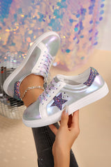 Silvery Star Sequin Patchwork Criss Cross Lace Up Sneakers