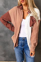 Brown Color Block Pockets Textured Long Sleeve Shacket