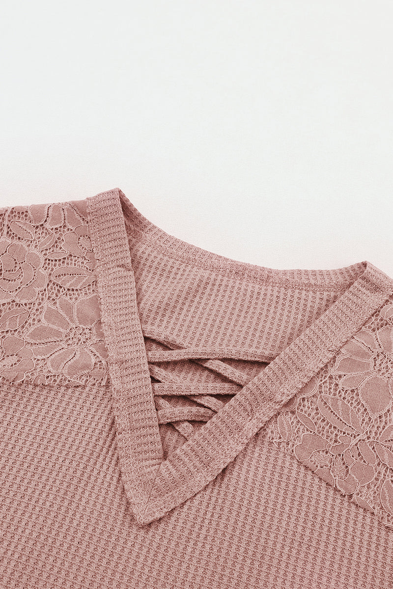 Apricot Lace and Waffle Knit Crisscross Straps V Neck Long Sleeve Top