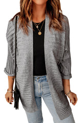 Grey Textured Ribbed Open Front Knit Cardigans