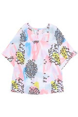 White Tie Dye Leopard Print Back Keyhole Blouse