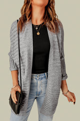 Grey Textured Ribbed Open Front Knit Cardigans