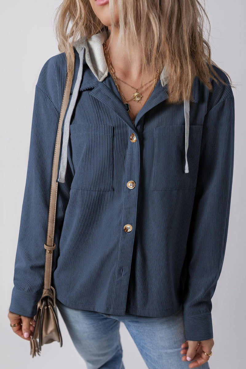 Sail Blue Pockets Drawstring Hooded Corduroy Shacket