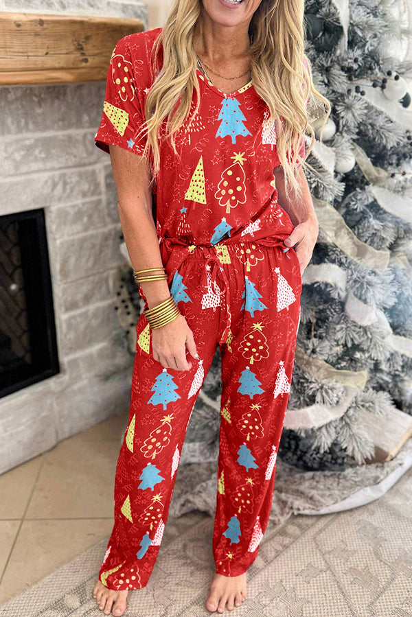 Red Christmas Tree Print V Neck Tee and Pants Loungewear Set