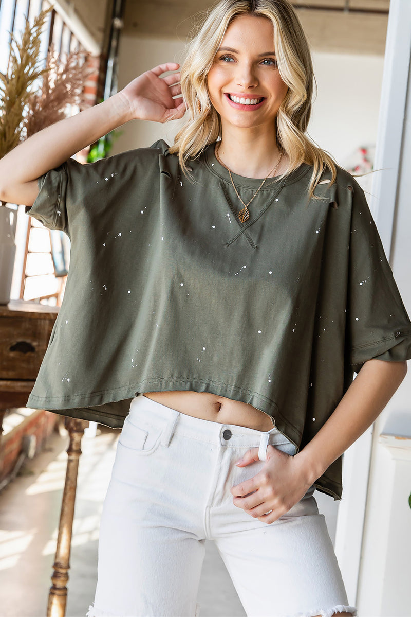 Green Half Sleeve Distressed Asymmetrical Top