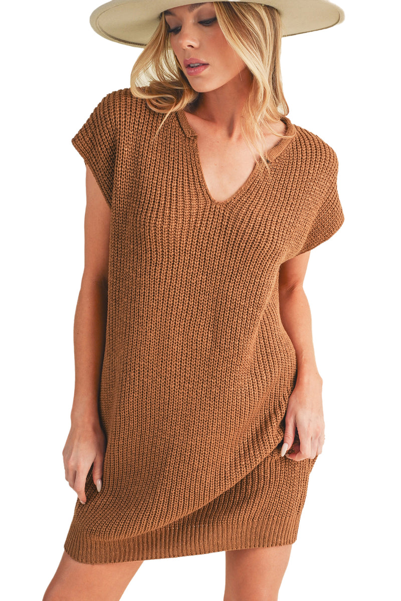 Camel V Neck Loose Fit Mini Knitted Dress