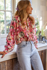 Red Floral Print Frill Stitch Buttoned Loose Fit Shirt