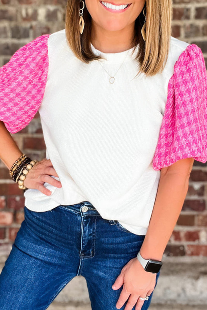 White Tweed Lantern Sleeve Patchwork Blouse