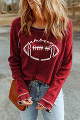 Red Textured Rugby Graphic Contrast Hem Sweatshirt