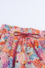 Red Gorgeous Floral Print Drawstring Smocked High Waist Pants