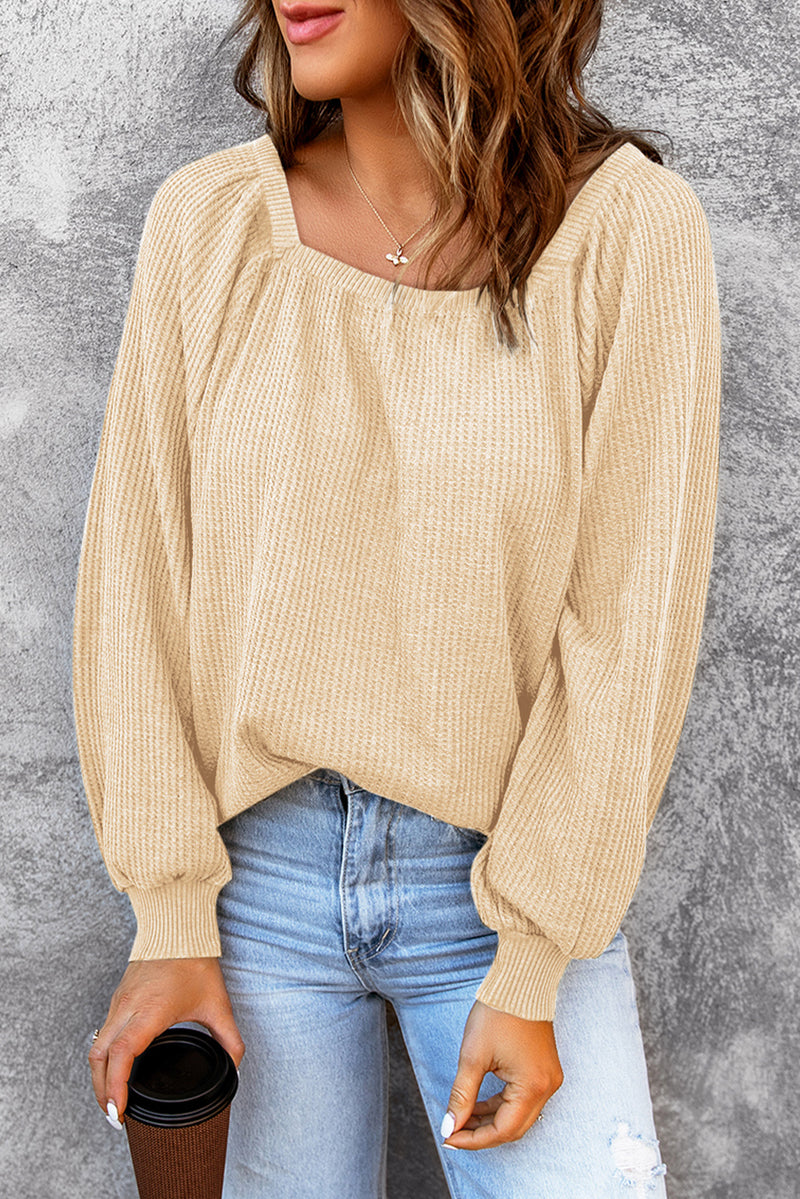 Brown Waffle Texture Casual Square Neck Pullover Top