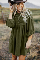 Vineyard Green Snap Button Empire Waist Lantern Sleeve Corduroy Dress