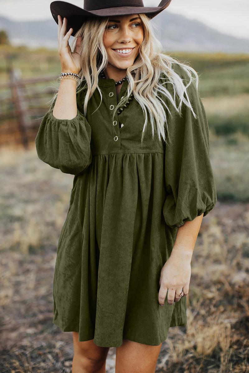 Vineyard Green Snap Button Empire Waist Lantern Sleeve Corduroy Dress