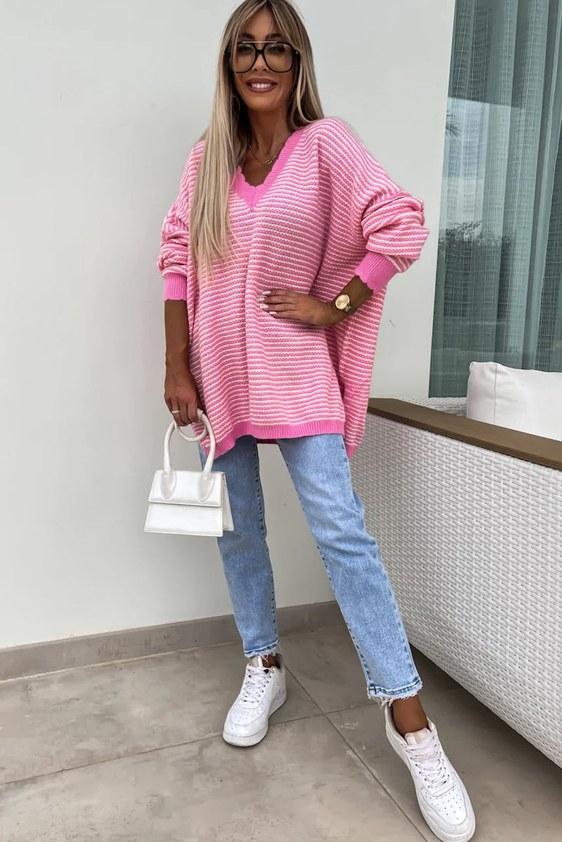 Pink Striped Scallop V Neck Split Knitted Sweater