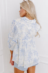 Sky Blue Floral 3/4 Sleeve Lace-up Collar Blouse