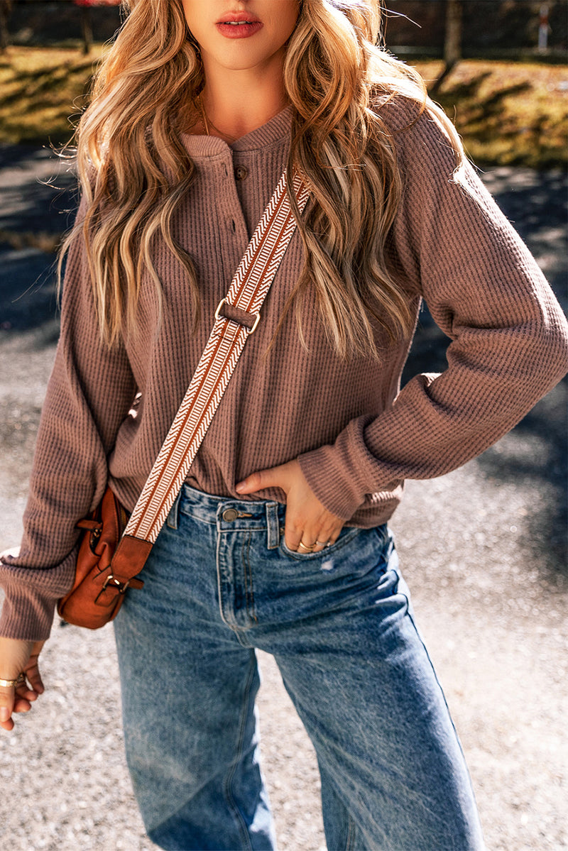 Chestnut Plain Waffle Knit Long Sleeve Henley Top