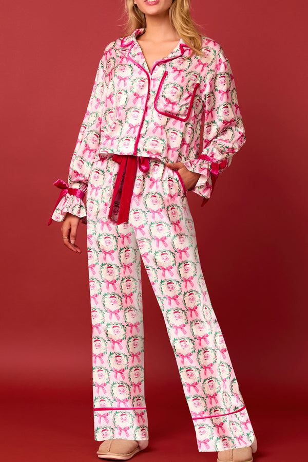 Pink Santa Claus Bow Long Sleeve Lapel Collar Pajama Set