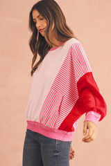 Rose Red Striped Patchwork Side Pocket Loose Sweatshirt