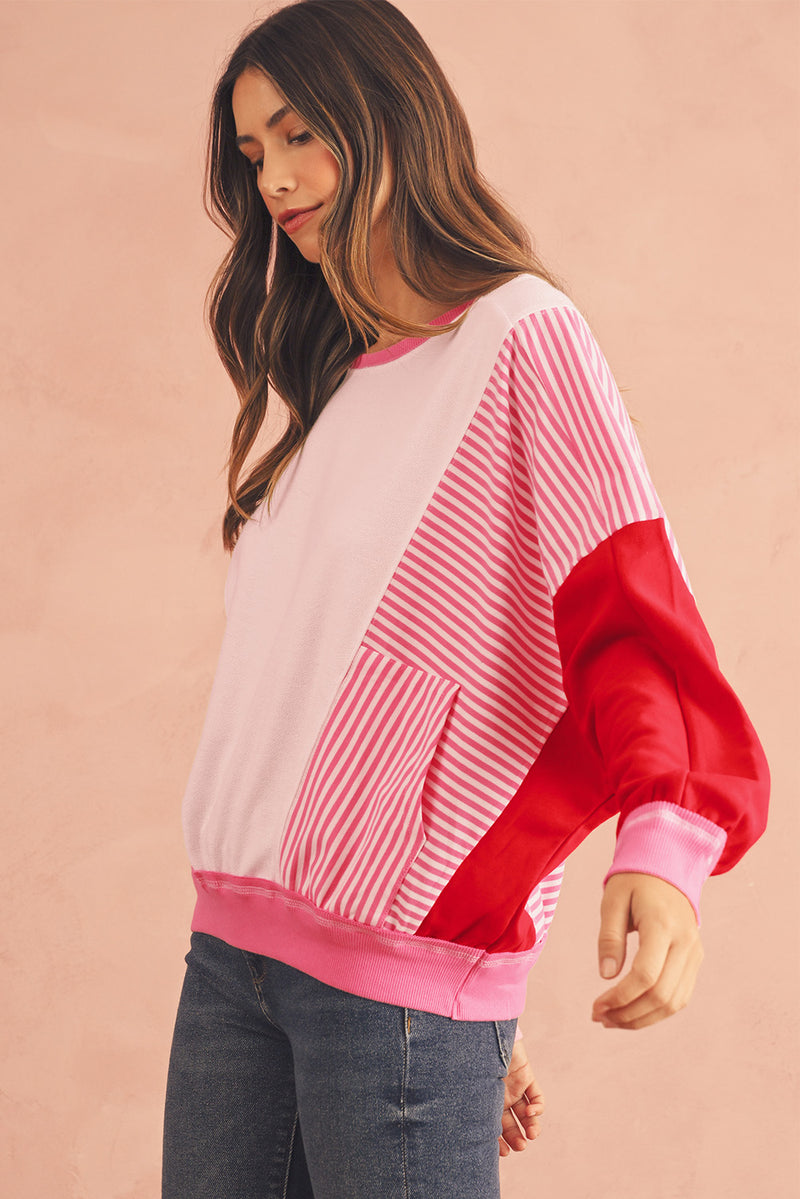 Rose Red Striped Patchwork Side Pocket Loose Sweatshirt