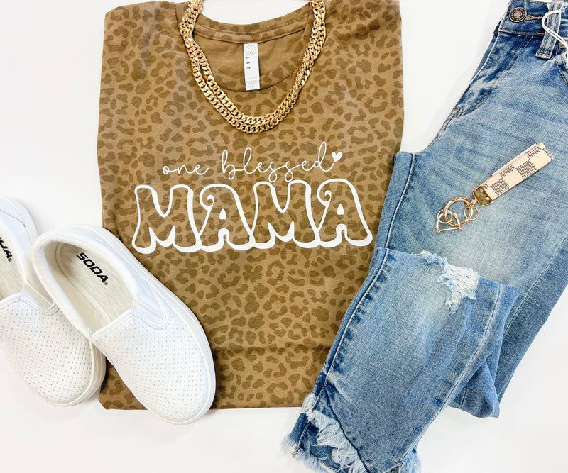 One Blessed Mama leopard tee